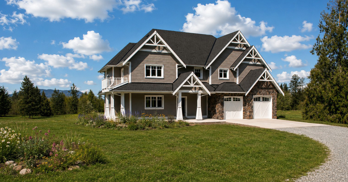 Modern farmhouse-style two-story home with gray siding, white trim, and a three-car garage, set in a landscaped yard under a blue sky.