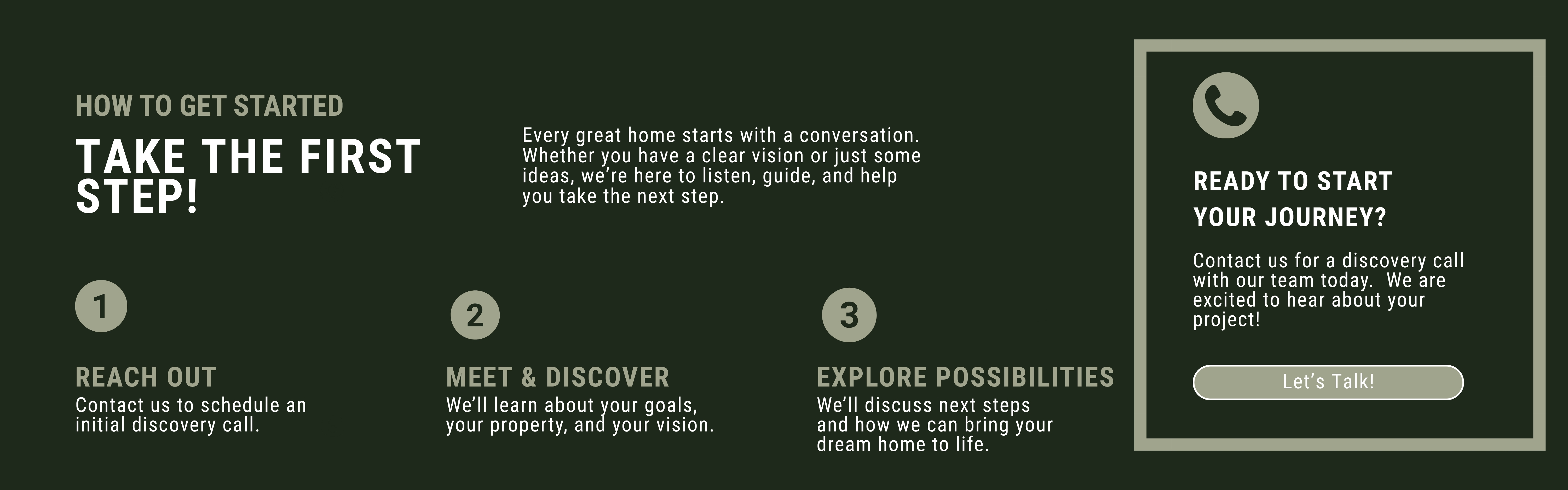How to get started: three steps—Reach out, Meet & Discover, Explore possibilities, with a right-side call to action to contact us for a journey starts here.