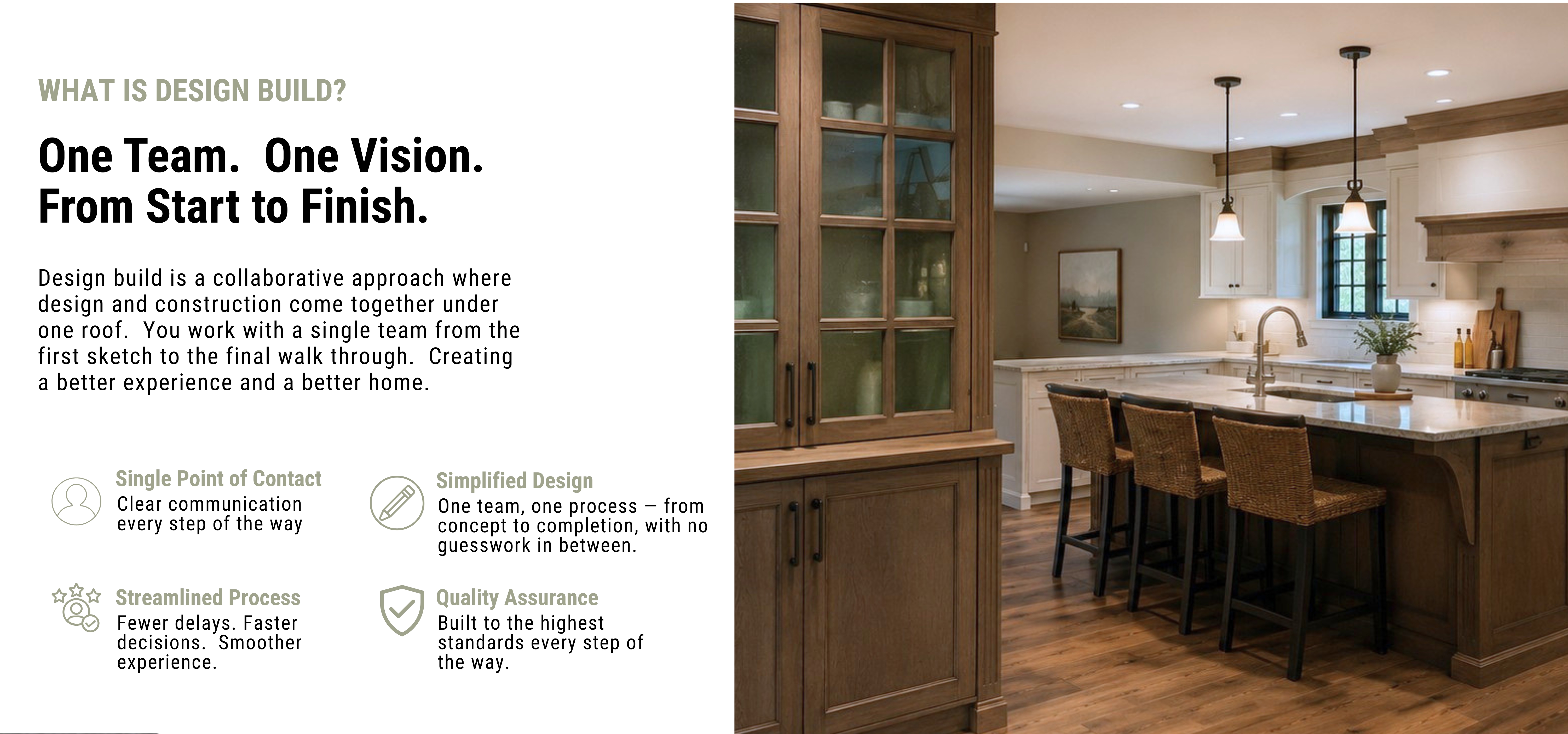 Split hero layout: left side with design-build copy, right side shows a warm kitchen with wooden cabinets, island, and pendant lights.
