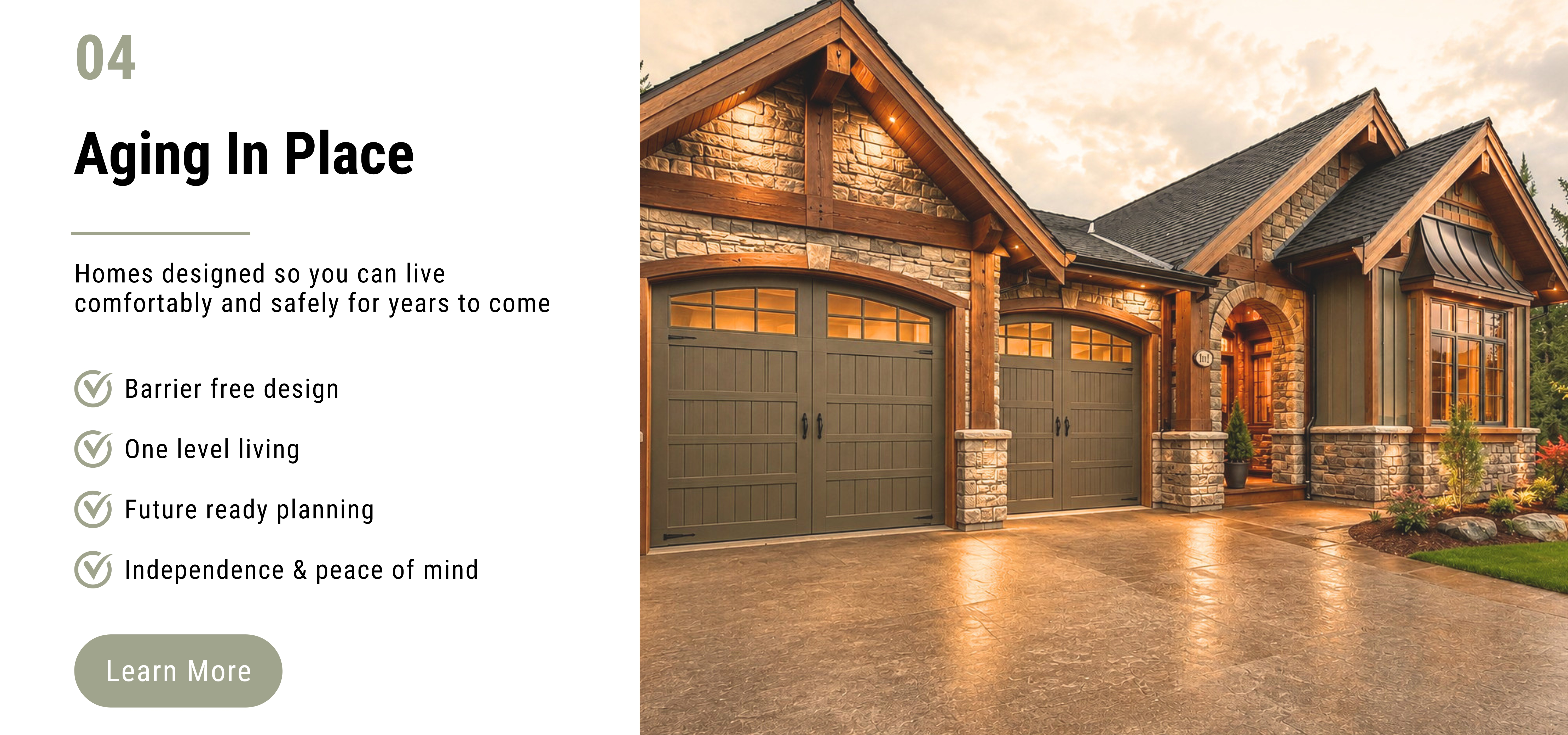 Split hero image: left column with 'Aging In Place' title and benefits, right shows a warm stone-and-wood home with three garage doors under a sunset sky.