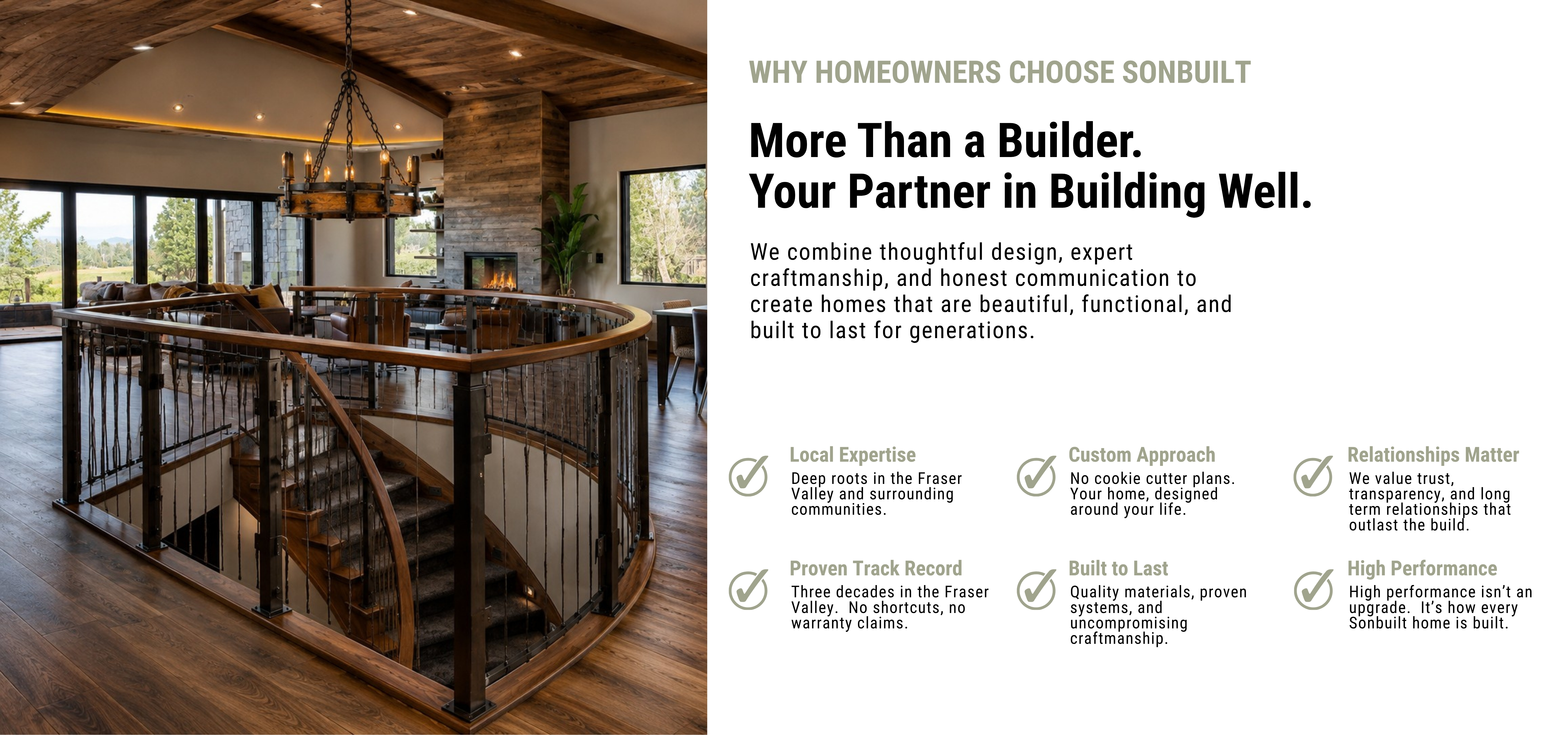 Open living area with a curved wooden staircase, large windows, and a rustic chandelier; right side features the headline 'More Than a Builder. Your Partner in Building Well.'