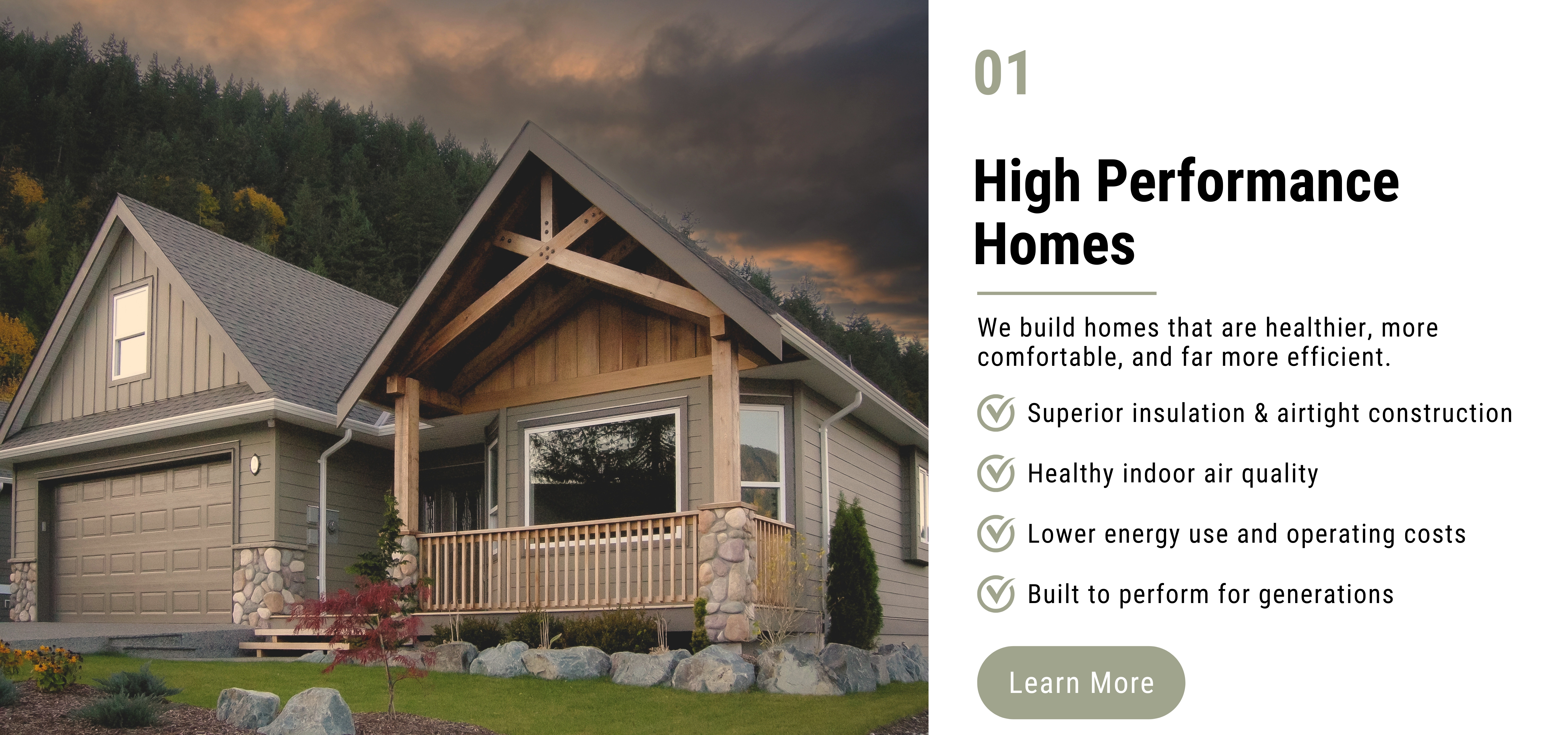 A modern gray house with a stone foundation sits beside a white panel showing '01 High Performance Homes' and bullet points like insulation and energy efficiency.