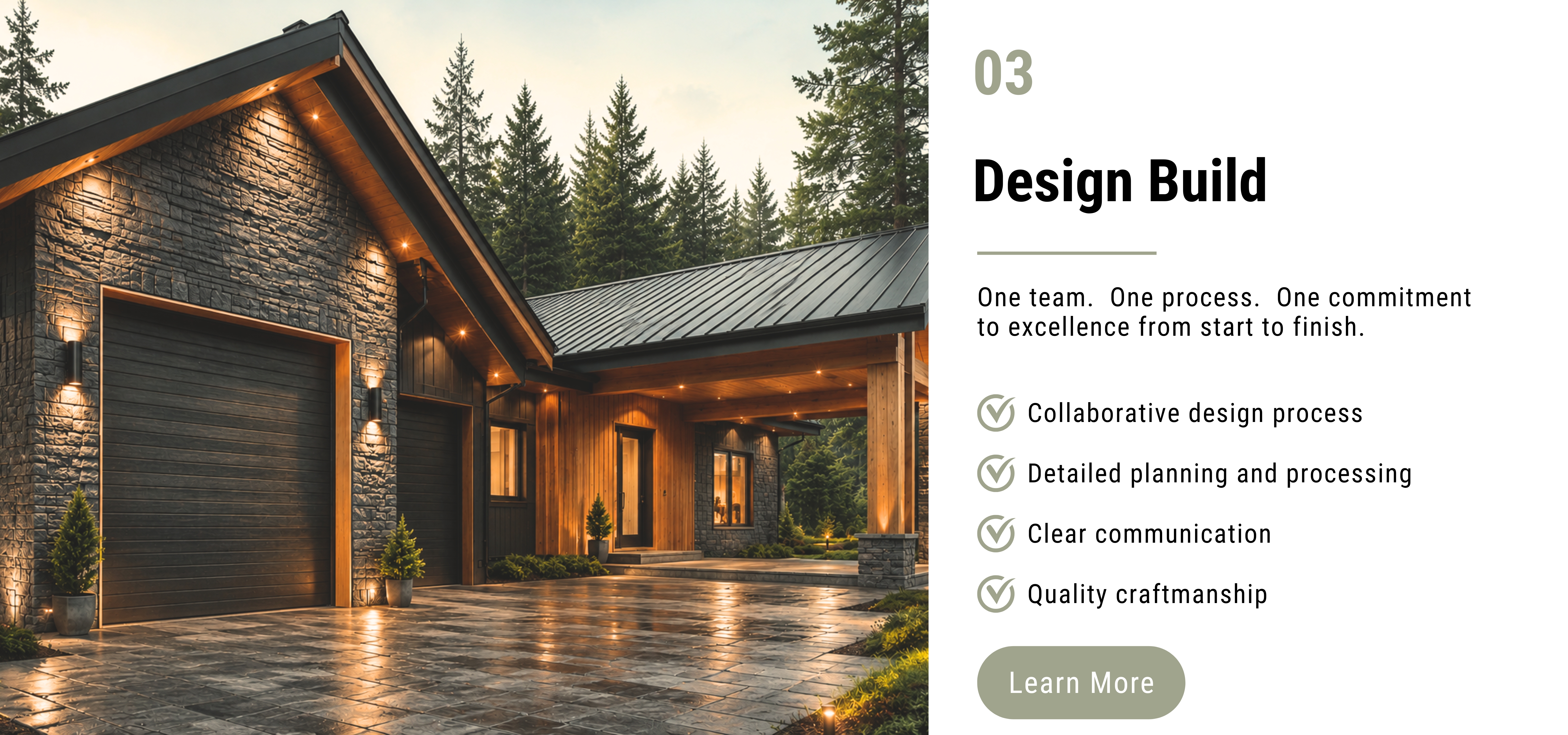 Modern stone-and-wood house with warm exterior lighting and a wet stone driveway; design-build panel on the right.
