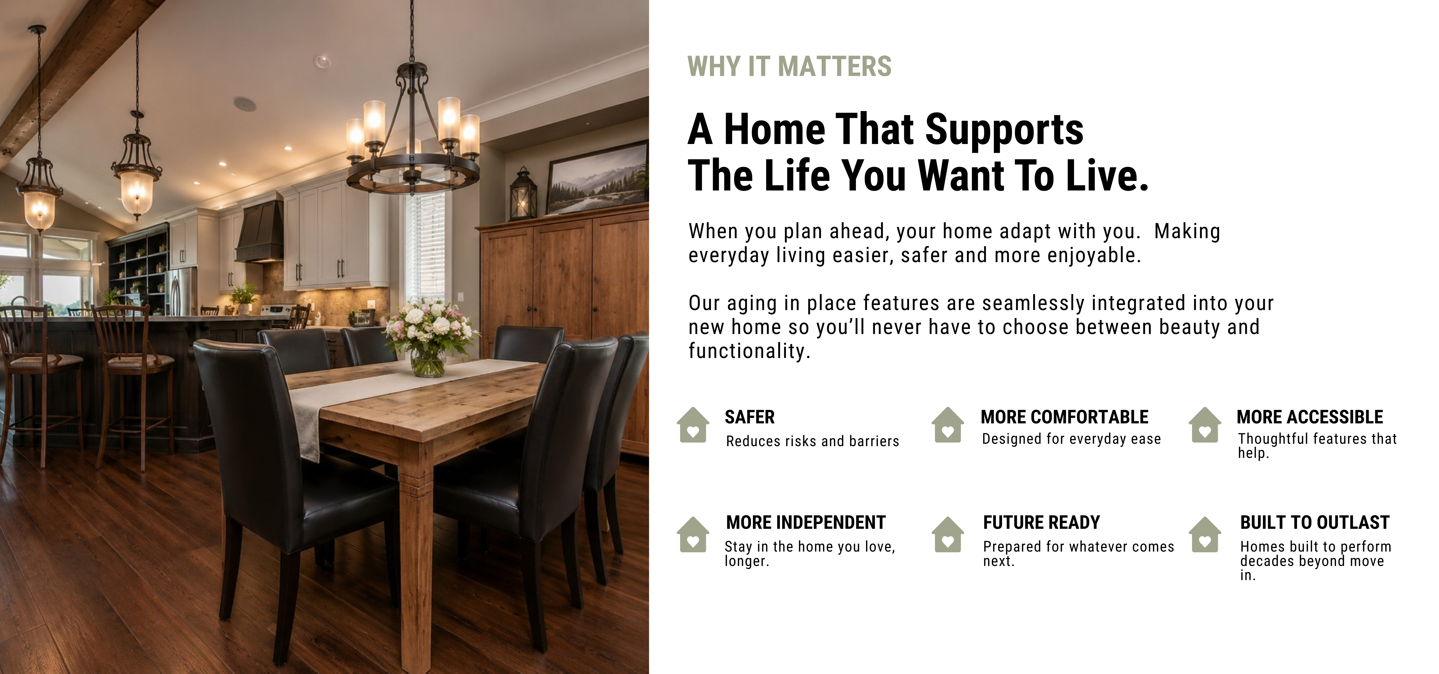 Open kitchen and dining area with a wooden table, dark chairs, and warm pendant lighting.