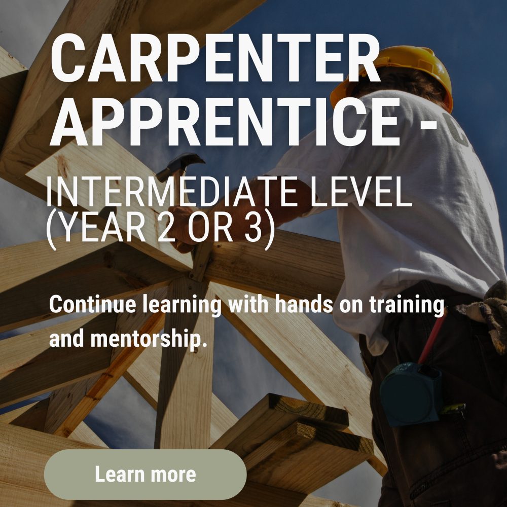 Banner promoting a carpenter apprentice program, showing a worker in a yellow hard hat assembling timber framed construction.